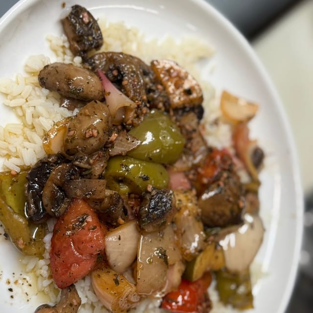 Vegetable Ka-Bob Over Rice.
