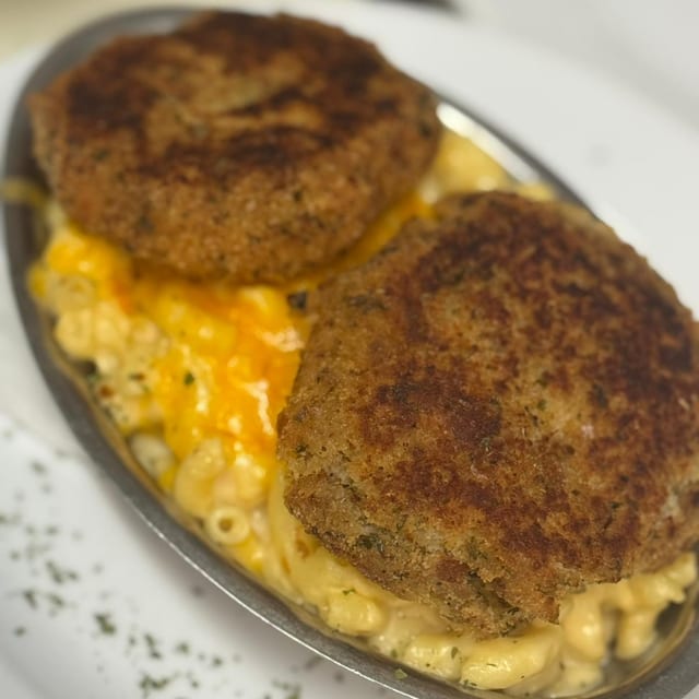 Baked Mac and Cheese with Fish Cake or Pulled Pork.