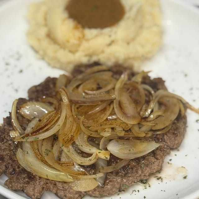 Chopped Steak with Grilled Onions.